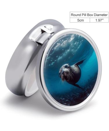 Underwater Sea Lion Print Round Pill Box | 3 Compartment Decorative Metal Pill Organizer | Portable Pocket Medicine Case - Buy Online on GoSupps.com