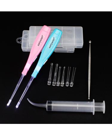 Earlywish Professional Tonsil Stone Removing Tool LED Light 2 Sets Color Pink + Blue 4 Tips Each Color + 1 Stainless Steel Tonsillolith Pick + 1 Irrigation Syringe Oral Clean Pink+blue