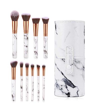 Make -up brush sets 10 pieces marble make -up brush with PU leather makeup brush bucket specialist Foundation eyeshadow brush for loose powder contour shadow eyes shadow concealer eyebrow brush
