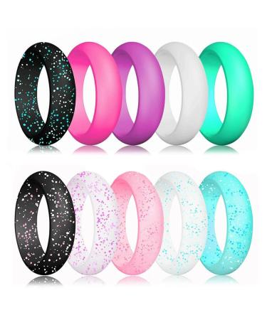 Longbeauty 10 Pack Candy Color Wedding Band for Men Women Flexible Comfort Sport Silicone Ring Black Red Blue Yellow Pink White Green Purple Glitter: 10pack 7