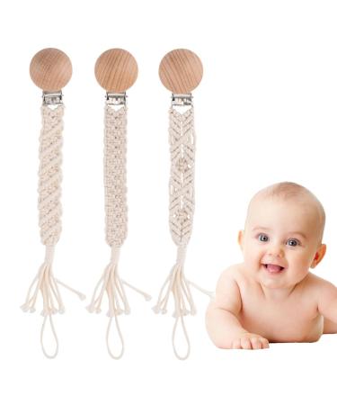 Iospkkio 3 pieces of pacifier clip with wooden clips tormented pacifier holders braided cotton baby party handmade birthday present for boys and girls (beige)