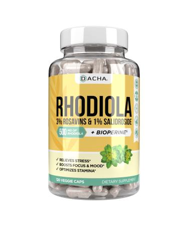 Natural Rhodiola Rosea Supplement 120 CAPS 500mg 3% Rosavins 1% Salidroside Full 4-Month Supply Bioperine Enhanced Absorbtion Mood Focus and Brain Booster Clarity & Stress Support