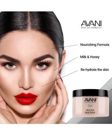 Avani Ultra Rich Body Butter with Dead Sea Salt, Aloe Vera, Vitamin E, Shea, Jojoba, Sunflower & Olive Essential Oil - Natural Exfoliating & Moisturizing Butter for All Skin Types - Milk & Honey Fragrance - Buy Online on GoSupps.com