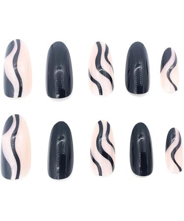 Justotry 24 Pcs Short Swirl Almond Black French Press on Fake Nails with Nail Glue - Stiletto Stick on Nails for Women's Art - Medium Length - Buy Online on GoSupps.com