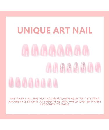 24 PCS Sliver Glitter Press on Nails Glossy Pink French False Nails Square Short Fake Nails Full Cover Stick on Nails for Women Girls Daily Wear (Pink White Glitter Gradient) - Buy Online on GoSupps.com