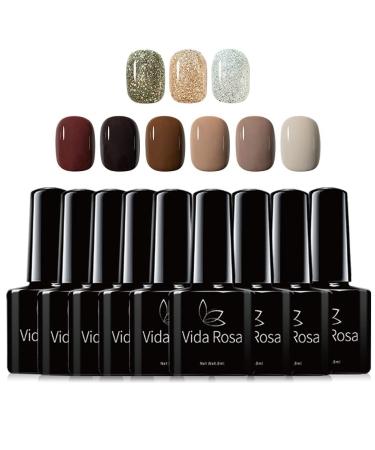 Autumn colors semi -Permanent gel nail polish set 9Pcs glitter champagne gold silver burgund nude brown coffee caramel for nail art manicure uv led kit autumn winter colors for women 9 colors