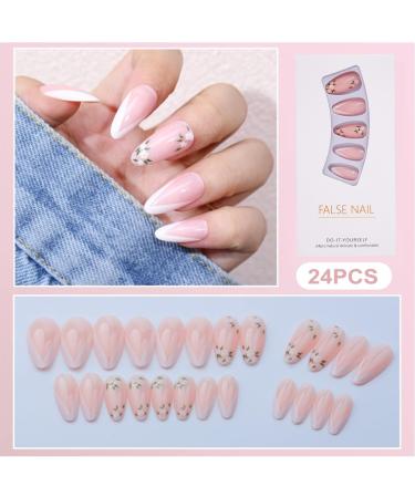 24-PCS French Tip Almond Press on Nails Medium Fake Nails Flower Pattern Design Coffin Press on Fake Nails Glossy False Nails Full Cover Acrylic Nails for Women & Girls - Buy Online on GoSupps.com