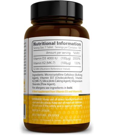 High Strength Vitamin D3 4000iu + K2 100ug 120 Vegetarian Tablets by HOWARD & JAMES - Buy Online on GoSupps.com