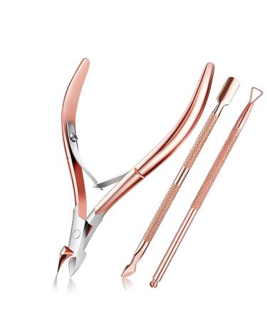 Cuticle Nippers and Cuticle Pusher Cuticle Cutter Remover with Cuticle Scissors for Dead Skin - Durable Manicure Tools and Cuticle Clippers- Stainless Steel (Pink)