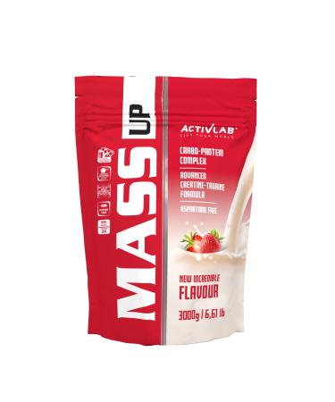 Activlab Mass Up 3kg - High -caloric Weight Gainer Protein Powder with Whey Protein Creatine and Taurin - Strawberry taste for building muscle mass and strength - massive mass gainer for starch strawberry 30 portions (1 Pack)