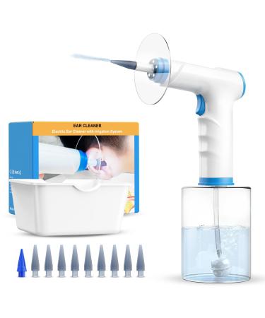 YUYUKO Ear Wax Removal Ear Irrigation Cleaner Kit Electric Ear Flush Tool with 4 Cleaning Modes One-touch Start Water Spray 10 Tips and Ear Wash Basin Blue