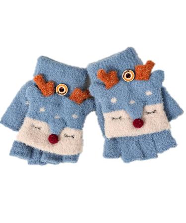 Unisex Kids Winter Warm Soft Gloves Thermal Flip Top Gloves Cute Cartoon Animal Fox Half Finger Gloves Convertible Fingerless Mittens Biking Cycling Gloves for 2-8Y Baby Girls Boys Toddler Blue