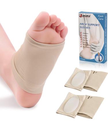 Ailaka 2 Pairs Compression Arch Support Sleeves, Cushioned Arch Support Braces Gel Pads for Flat Foot Pain Relief Plantar Fasciitis Heel Spurs 2 Pair (Pack of 1) Khaki