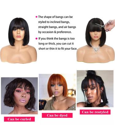 8 Inch Short Bob Human Hair Wig with Bangs for Black Women - Brazilian Virgin Straight Hair 150% Density Machine Made Bob Wig in Natural Color - Buy Online on GoSupps.com