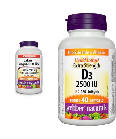 Webber Naturals Calcium with Magnesium and Zinc 200 Caplets Enhanced Absorption & Vitamin D3 2500 IU Extra Strength 180 Softgels For Healthy Bones Teeth and Helps Prevent Vitamin D Deficiency