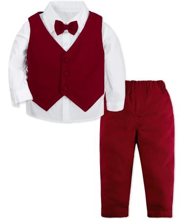 mintgreen Baby Boys Gentleman Suit Set Long Sleeve Shirt with Bowtie + Waistcoat + Pants Size: 1-4 Years Burgundy 12-18 Months