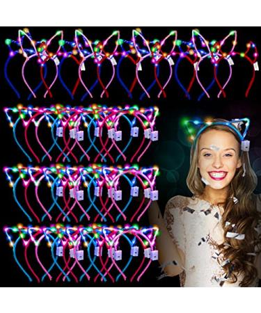 64 Pieces Light up Cat Ears Headband Bulk LED Bunny Ears Glow in Dark Cat Ears Luminous Hairbands Party Supplies for Women Girls Adult Valentine's Day