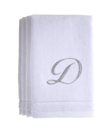 Monogrammed Towels Fingertip, Personalized Gift, 11 x 18 Inches - Set of 4- Silver Embroidered Towel - Extra Absorbent 100% Cotton- Soft Velour Finish - For Bathroom/ Kitchen/ Spa- Initial D (White)