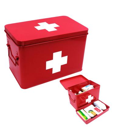 Funly mee Vintage First aid Box for Home  Medicine Tin  Red Metal Medicine Storage Box (Large 12.6  8.3 7.7 inches) Red 1 Count (Pack of 1)