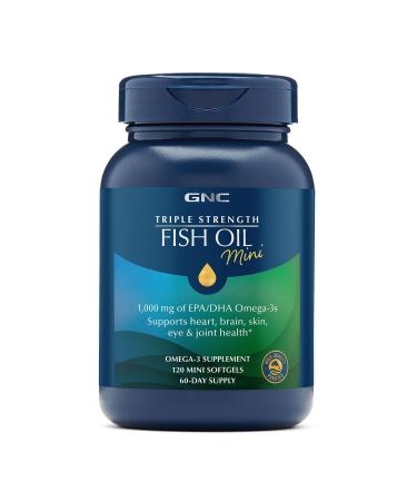 GNC Triple Strength Fish Oil Mini Omega 3 Supplement 1000mg EPA and DHA Supports Heart Brain Skin Eye and Joint Health 120 Mini Softgels