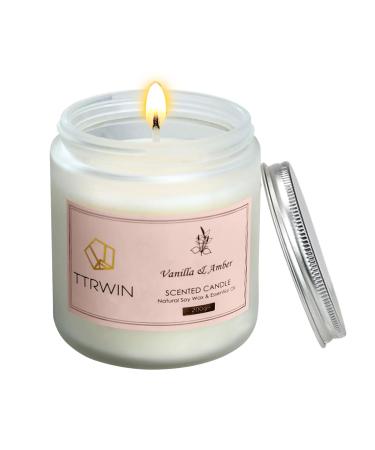 TTRWIN Vanilla & Amber Scented Candle 200g 50 H Long Burning Glass Jar Candle Natural Soy Wax & Essential Oil Gift for Christmas Mother's Day Valentine