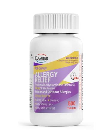 Camber Consumer Care Adult Non-Drowsy Antihistamine Tablets for 24-Hour Allergy Relief Fexofenadine HCl 180 Mg 500 Tablets. Family Size