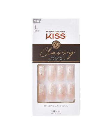 KISS Classy French Nail Manicure Kit with Gel Finish  Long  Coffin Shaped   Scrunchie   Gel Nail Kit Includes Pink Nail Glue (Net Wt. 2 g / 0.07oz.)  Mini File  Manicure Stick  and 28 Fake Nails