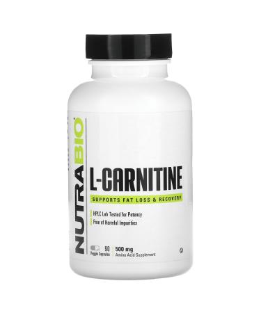 NutraBio L-Carnitine Capsules Fat Burner for Energy Endurance & Recovery Boost Fat Metabolism Support Weight Loss & Workout Performance Amino Acid Supplement- 500mg 90 Capsules