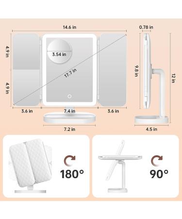 GoSpire Trifold Makeup Mirror with 10X/5X/3X/1X Magnification, 74 Led Lights, 3 Light Colors & Adjustable Brightness - LED Vanity Mirror for Women in White - Buy Online on GoSupps.com
