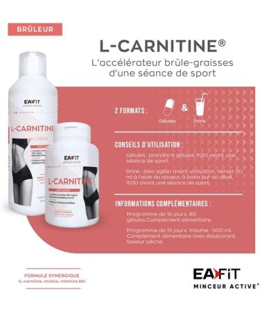 EAFIT Slimming - L-Carnitine DRINK - Powerful Fat Burner - Weight Loss - Energy Booster - Improves Sports Performance - Vitamin B6 - Choline - Peach Flavor - Before Sport - 500 ml - Buy Online on GoSupps.com