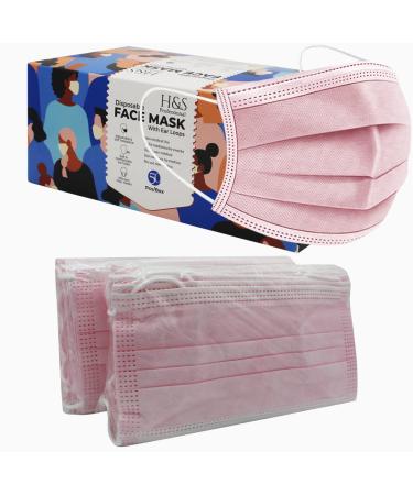50PCS Disposable Face Masks with Elastic Ear Loop 3-Ply Earloop Breathable Non-Woven Mouth Cover Mask for Home Park Office- Pink