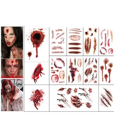 Halloween Temporary Tattoos Horror Realistic Fake Waterproof Temporary Tattoo Bloody Wound Stitch Scar Scab for Halloween Party 13pcs