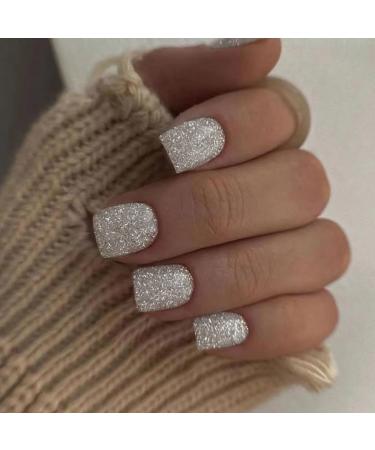 Justotry 24 pieces glitter nails to stick on short motif silver angular press on nails glossy French artificial nails glitter square fingernails fake nails for women 918silver & glitter3