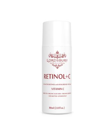 Anti Aging Retinol Cream Moisturizer w Vitamin C and Hyaluronic Acid - Large 2.8 fl oz - Pure Retinol 2.5% + Vitamin C + Organic Aloe - Day & Night on Face Neck Hands for Wrinkles - Lordsbury