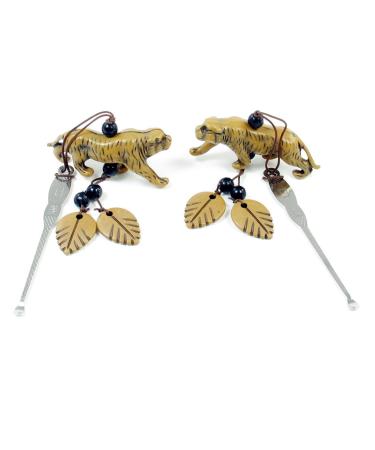 Qtqgoitem 2 Pcs Portable Brown Tiger Pendant Silver Tone Ear Pick Earwax Removal (Model: 0d8 b13 32e ba5 95d)