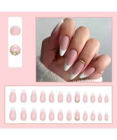 Justotry 24 Pcs Beige French Press on Stiletto False Nails with Jewels - Medium Length | Nail Glue and Almond Stick On Included | Fake Nails for Women - Buy Online on GoSupps.com