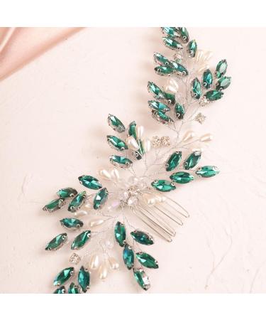 BERYUAN Peacock Green Crystal Rhinestone Pearls Wedding Hair Comb Teardrop Crystal Rhinestone Wedding Headband Silver Wedding Hair Accessories for Brides Bridesmaid (PEACOCK GREEN)