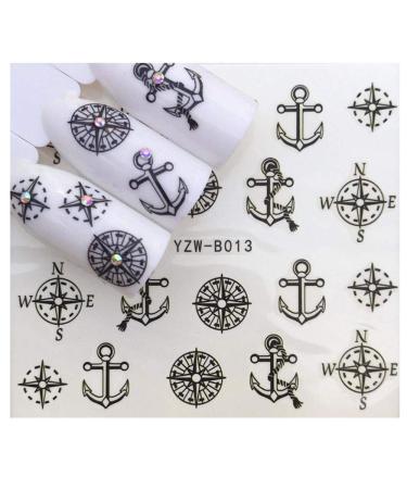 Nautical Navy Black Anchor Ship Compass Marine Wrap Decals Sticker Salon Quality Nail Art - 1 Sheet