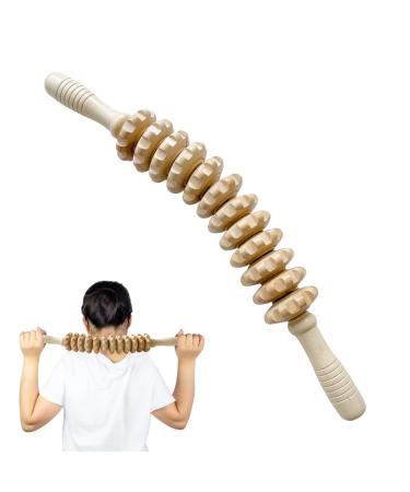 Massage device wood back wood massage roller cellulite with handle for loosening deep fabric suitable for neck legs back body 1 piece natural 12 rotatable wood color 44cm