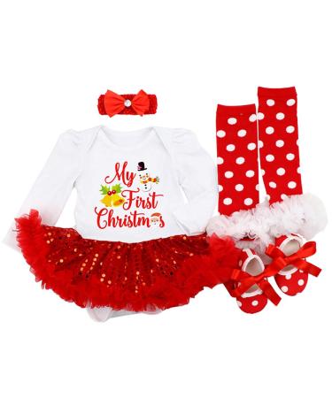 FYMNSI Baby Girls My First Christmas Outfit Newborn Infant 1st Xmas Party Clothes Princess Tutu Romper Dress Bowknot Headband Shoes Leg Warmers 4pcs Set for 0-18 Months 0-3 Months White Snowman - Buy Online on GoSupps.com