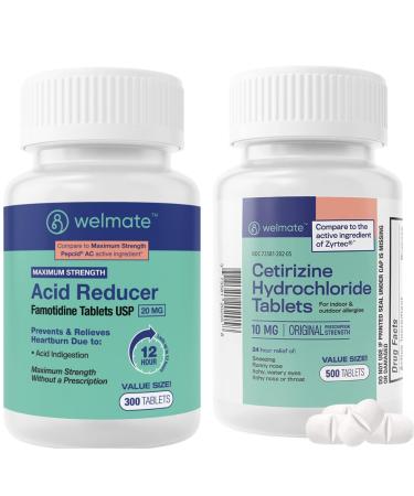 WELMATE Allergy & Stomach Relief Bundle | Cetirizine 10mg + Famotidine 20mg | 24hr Allergy & 12hr Heartburn Support | 500 + 300 Tablets