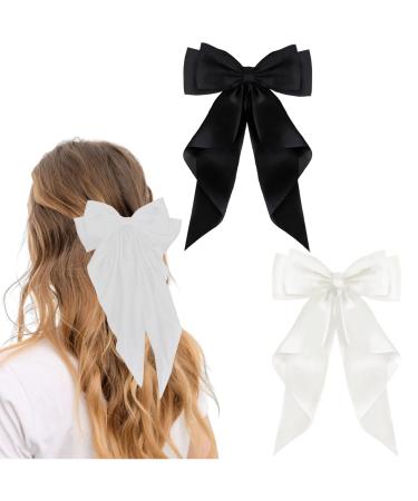 Big Bow Hair Clips with Long Silky Satin Hair Ribbons For Women Big Bow Hair Barrette Clips Black Hair Bow Barrette Clips Soft Satin Bow Hair Barrettes Solid Color Bow Hair Clips for Girls 2Pcs