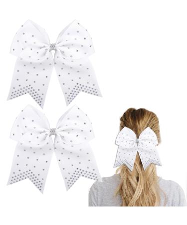 Large Cheer Hair bows with Rhinestones Cheerleading Bow with Ponytail Holder Elastic Band for Cheerleaders Teen Girls College Sports (White)
