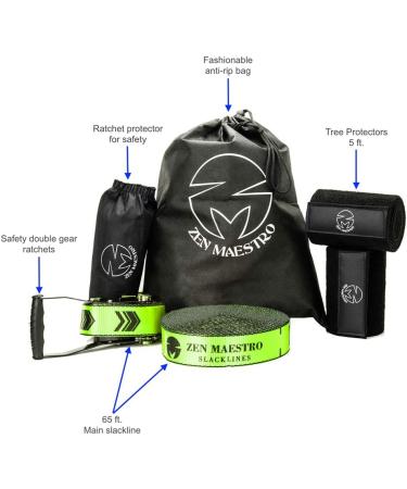 Zen Maestro 65ft Slackline Kit with Protectors & Optional Training Line - Outdoor Backyard Fun for All with Carry Bag and Instruction Booklet - Buy Online on GoSupps.com
