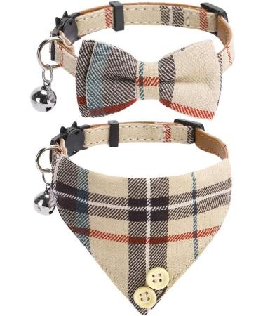 Bow Tie Cat Collar with Bell - 2 Packs Classic Plaid Check Ginham Cat Collars with Bowtie - Adjustable Size with Bell - Perfect for Cats Puppy Small Dogs Beige Plaid