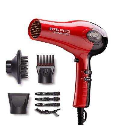KISS 1875 Watt Pro Tourmaline Ceramic Hair Dryer, 3 Heat Settings, 2 Speed Slide Switch, Cool Shot Button, 2 Detangler Combs, 1 Concentrator, 1 Diffuser, Removable Filter Cap & 4 Sectioning Clips 7 Accessories