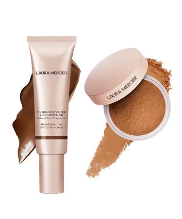 Laura Mercier Tinted Moisturizer Light Revealer with SPF 25 Luminous Finish Shade 6C1 Cacao and Translucent Loose Talc-Free Setting Powder Ultra-Blur: Hyaluronic Acid Infused Shade Medium Deep Bund