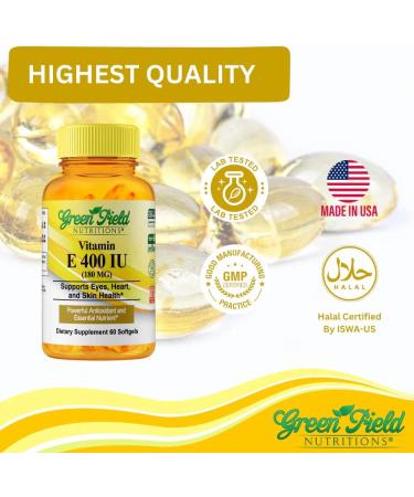 Greenfield Nutritions Halal Vitamin E 400 IU Softgels (180mg) 60 Counts Dietary Supplement for Skin Heart Eye and Immune Health Support 2 Month Supply - Buy Online on GoSupps.com