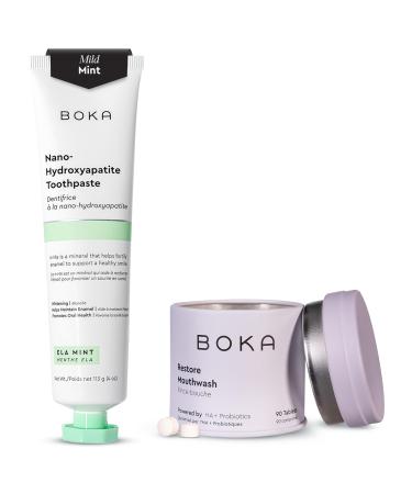 Boka Fluoride Free Toothpaste - Nano Hydroxyapatite - Ela Mint 4oz and Travel Size Mouthwash Tablets - Hydroxyapatite Fluoride/Alcohol Free & Eco-Friendly