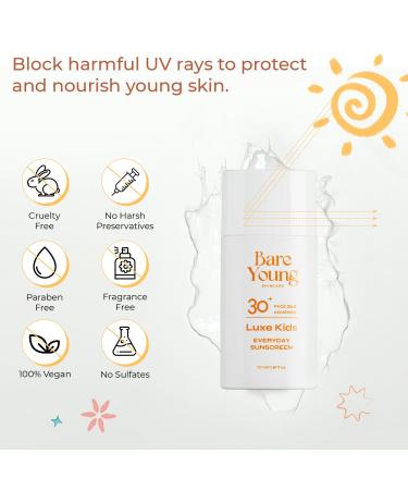 Bare Young 365 Covered Everyday Sun-screen, Zinc Oxide and Titanium Dioxide, Quick-Absorb Facial Sunscreen with No White Cast, Kids SPF 30 Face Sunscreen, Vegan Plant-Based Skincare for kids - Buy Online on GoSupps.com